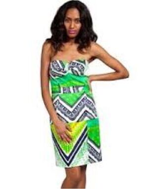 Trina Turk Cora Strapless Green Patterned Dress. Size 4.